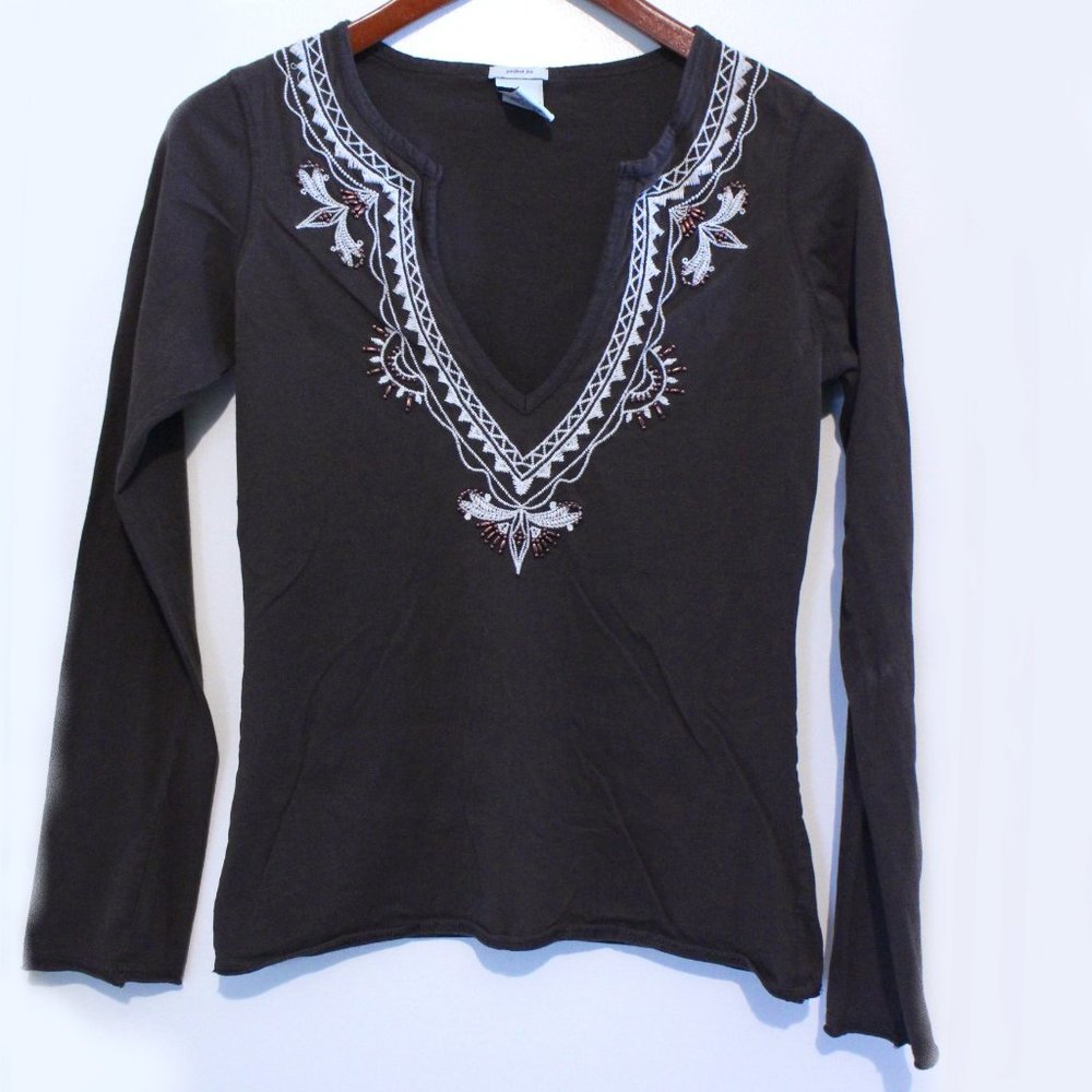 OLD NAVY, BROWN EMBROIDERED & BEADED LONG SLEEVE TOP, SIZE SMALL